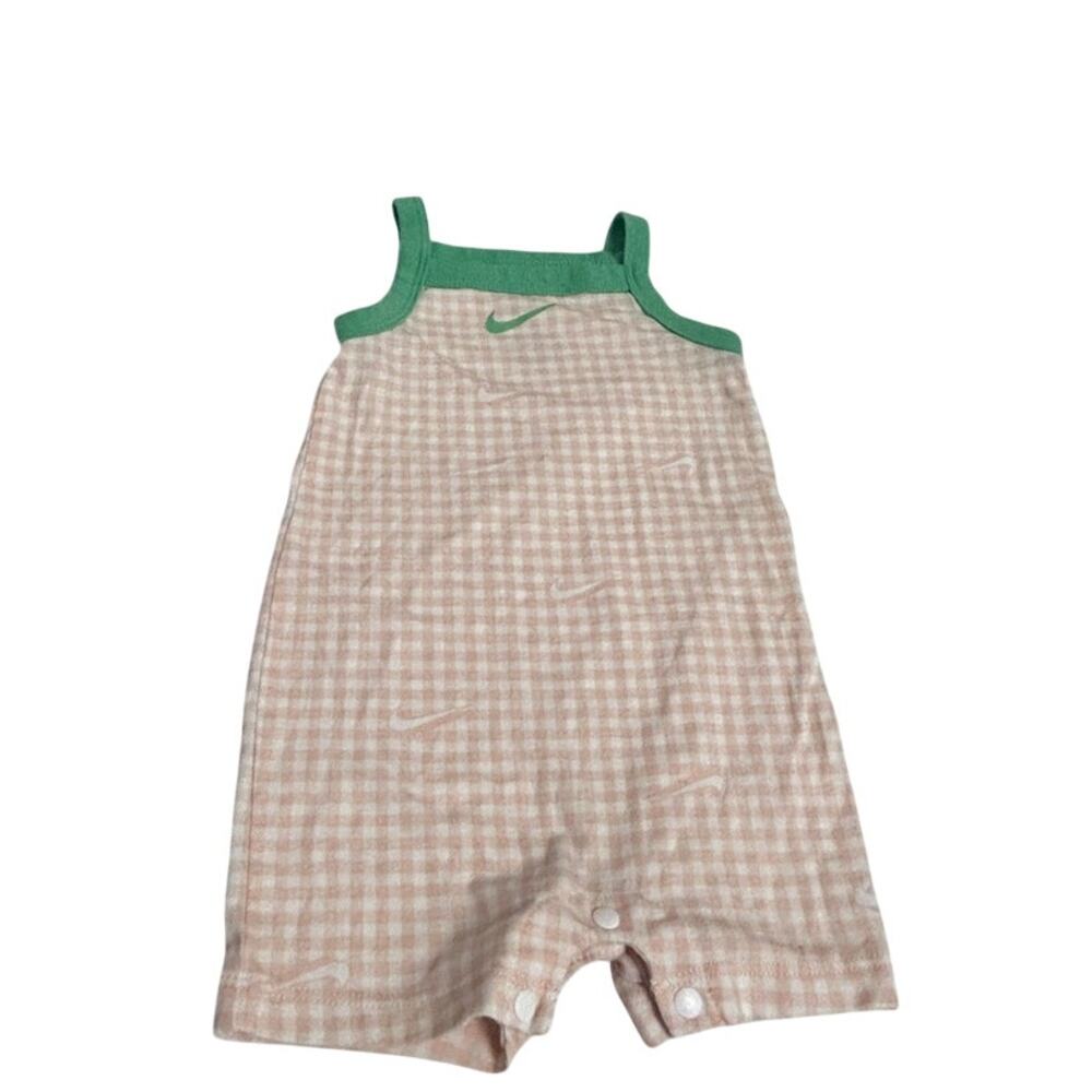 Nike sz 6m baby tank romper pink gingham contrasting green strap